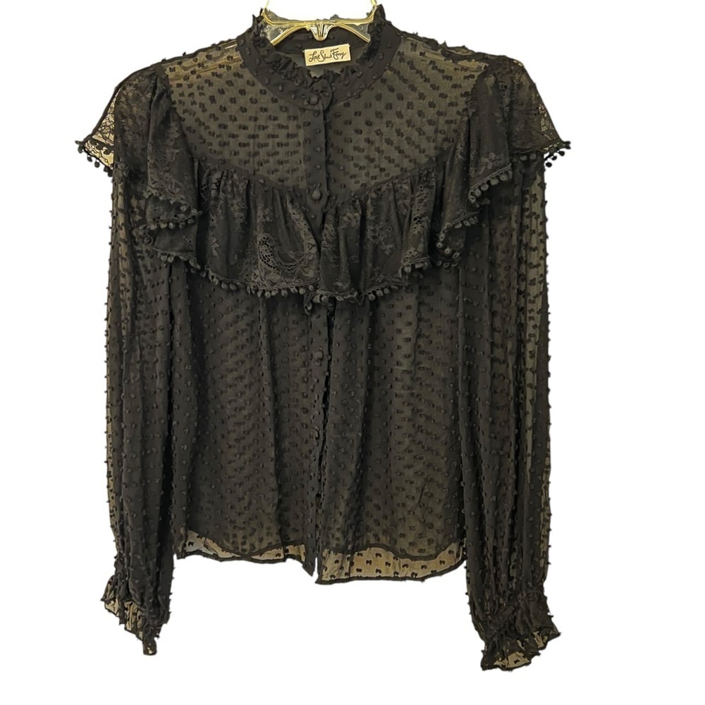 LoveShackFancy Erica SWISS DOT HIGH NECK LACE BLOUSE Ruffled Button Front Sheer - Picture 8 of 16